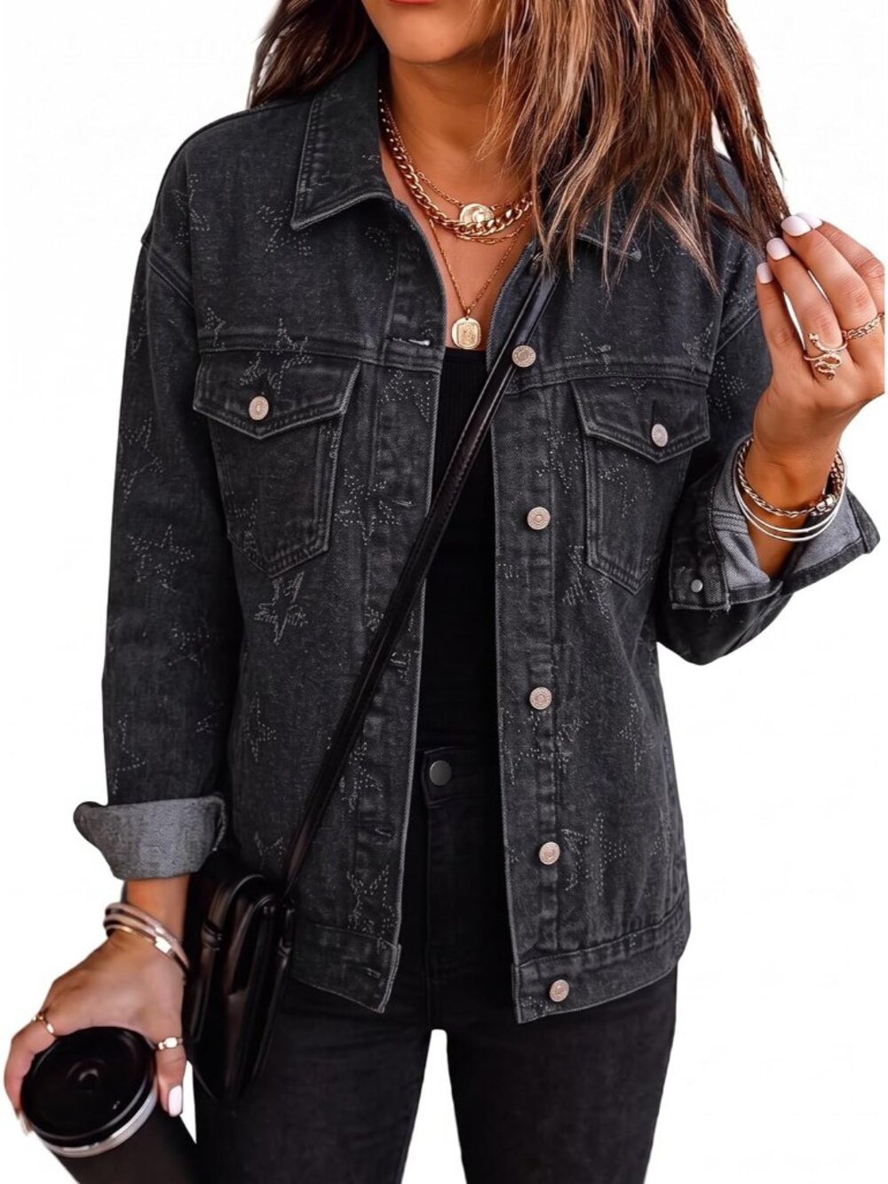 Womens Black Button Down Oversized Coat Pockets Heart Star Denim Jean Jacket